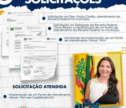 Vereadora Sumara Leal solicitou o Ponto de Atendimento Virtual da Receita Federal para Cassilândia