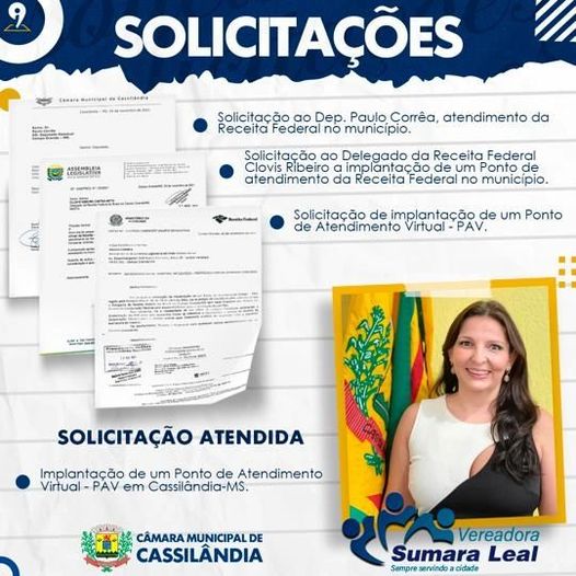 Vereadora Sumara Leal solicitou o Ponto de Atendimento Virtual da Receita Federal para Cassilândia