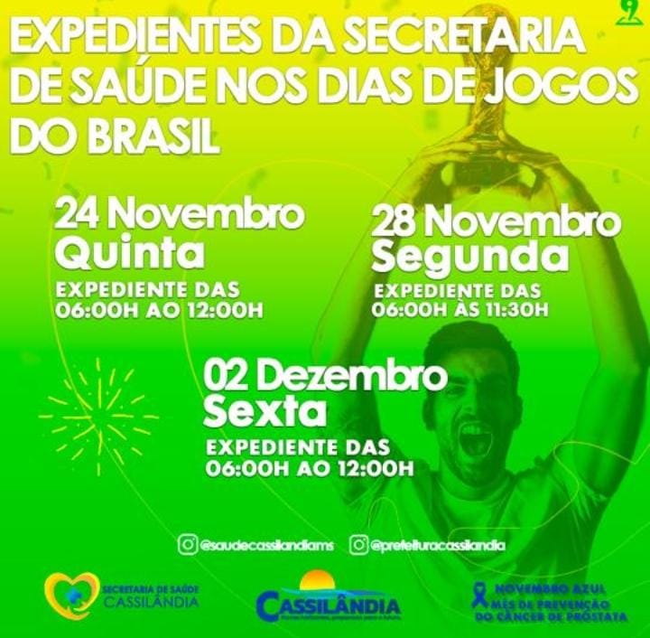 Confira como será o expediente da Secretaria de Saúde nos dias de Jogos do Brasil