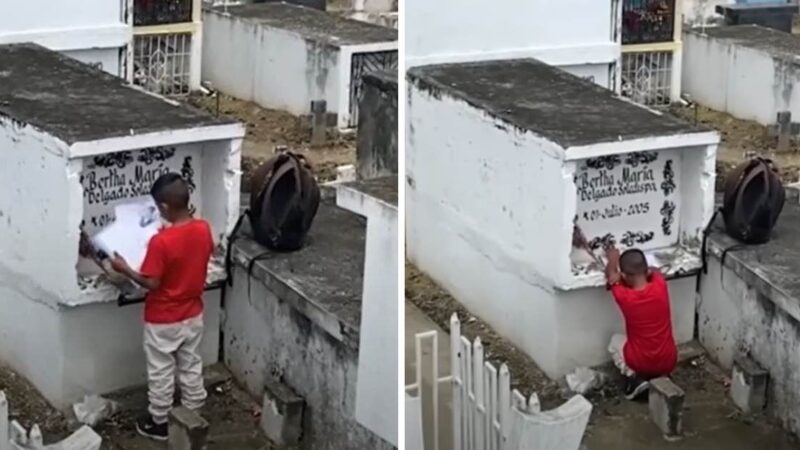 Criança visita o túmulo de sua mãe para mostrar a ela suas boas notas