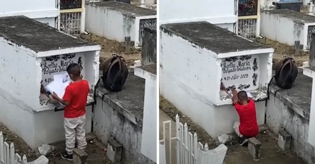 Criança visita o túmulo de sua mãe para mostrar a ela suas boas notas