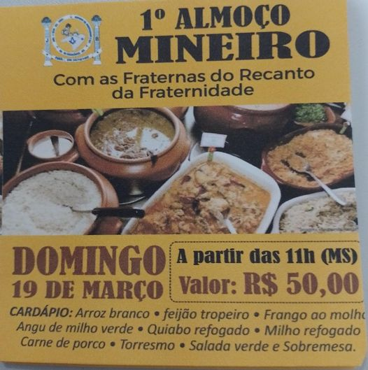 Vem aí o 1º Almoço Mineiro Com as Fraternas do Recanto da Fraternidade