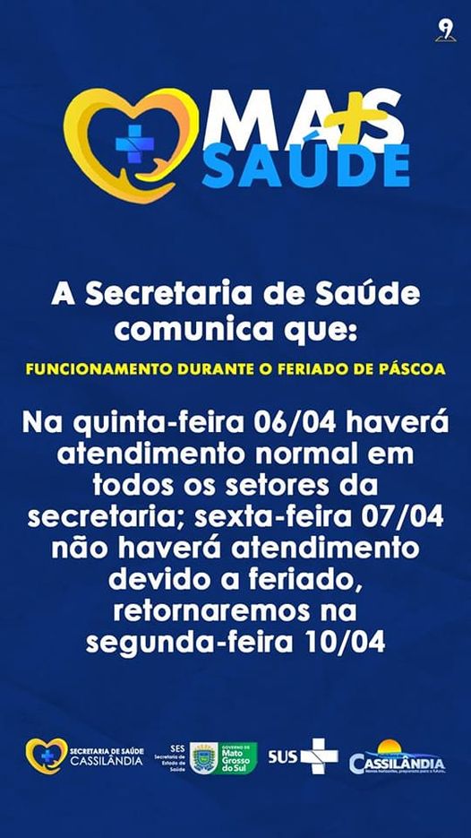 Cassilândia: Secretaria Municipal de Saúde comunica funcionamento durante a Páscoa