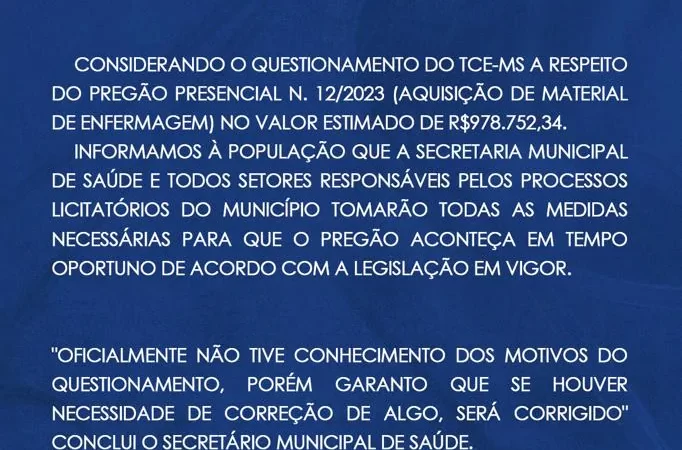 Cassilândia: Prefeitura emite nota sobre suspensão de licitação pelo Tribunal de Contas