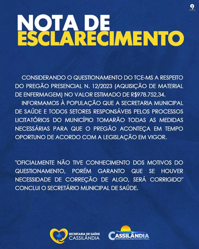 Cassilândia: Prefeitura emite nota sobre suspensão de licitação pelo Tribunal de Contas