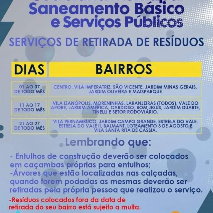 Cassilândia: Fique atento aos dias de retirada de resíduos no seu Bairro.