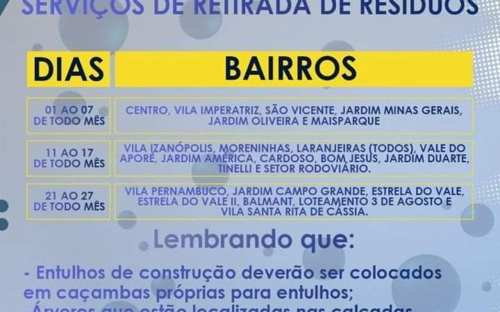 Confira quando o caminhão da coleta de resíduos  passa no seu bairro.