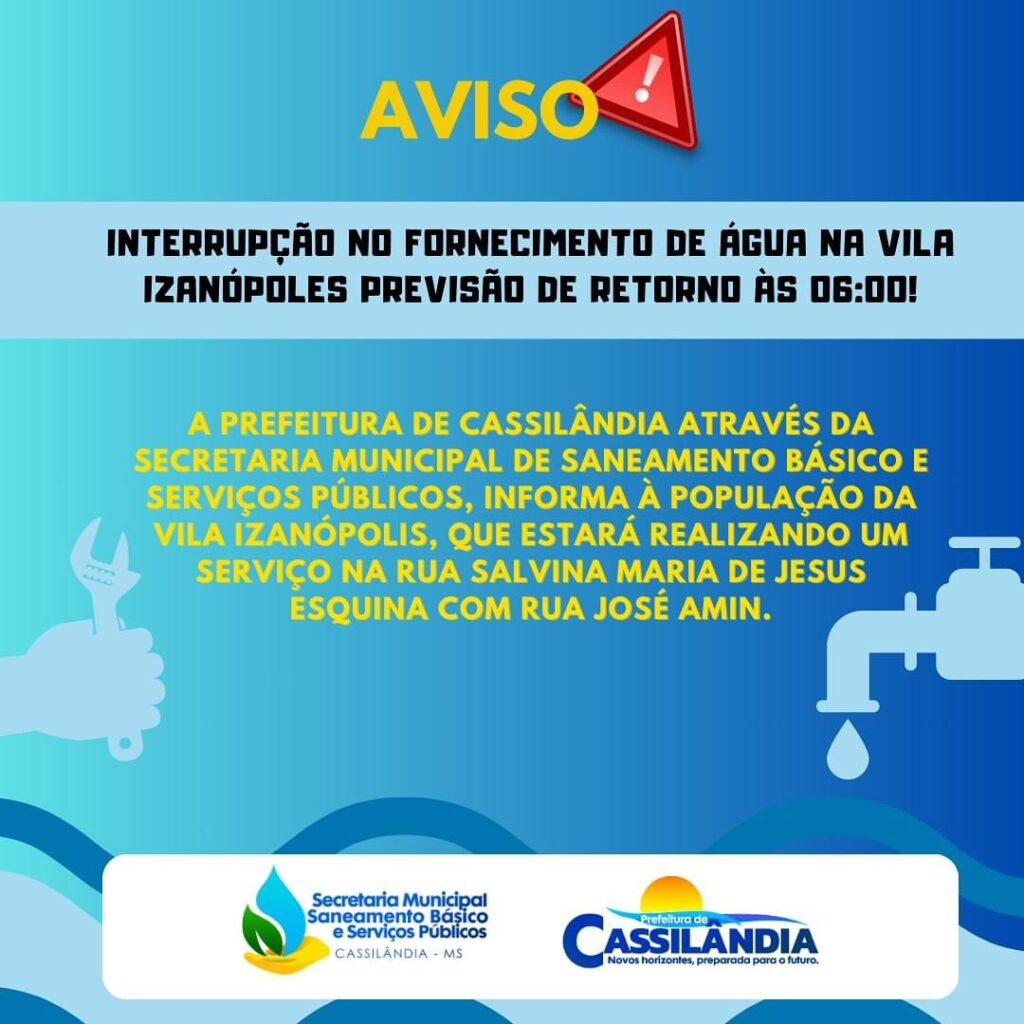 Cassilândia: Saneamento Básico suspenderá fornecimento de água para manutenção