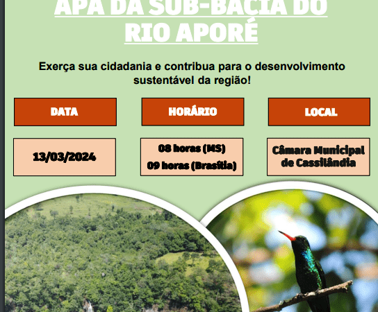 Prefeitura convida população para participar da Revisão e Atualização da APA- Sub Bacia do Rio Aporé