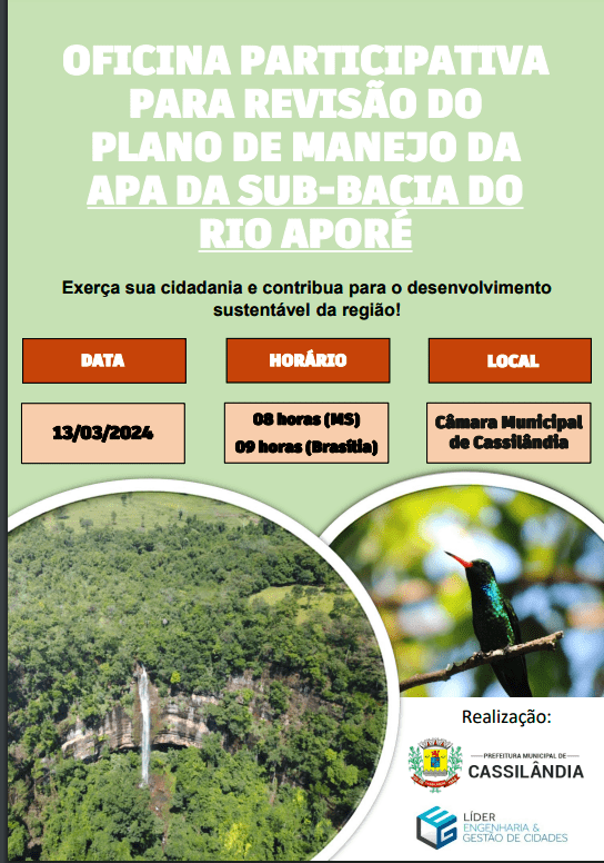 Prefeitura convida população para participar da Revisão e Atualização da APA- Sub Bacia do Rio Aporé