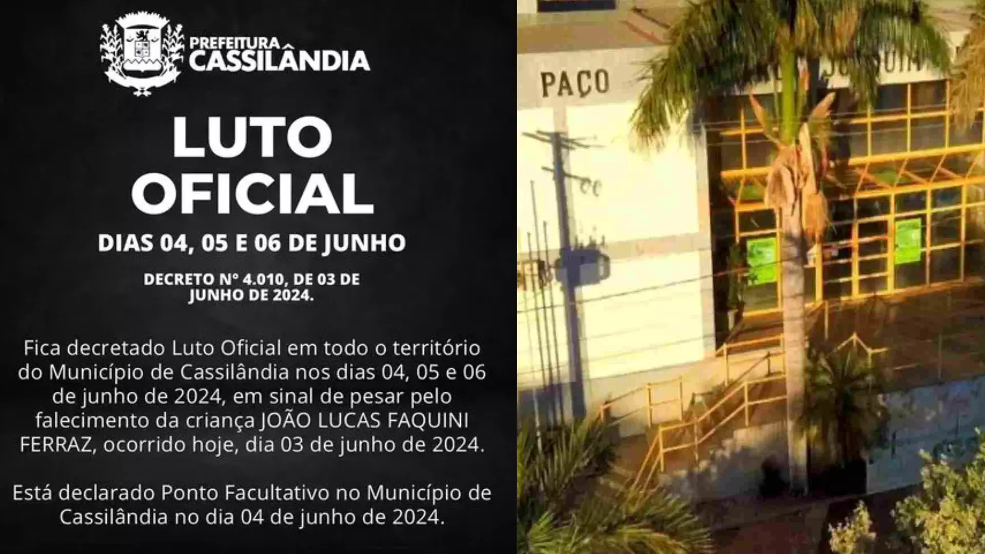 Prefeitura de Cassilândia abrirá processo administrativo para apurar morte de criança engasgada em creche 