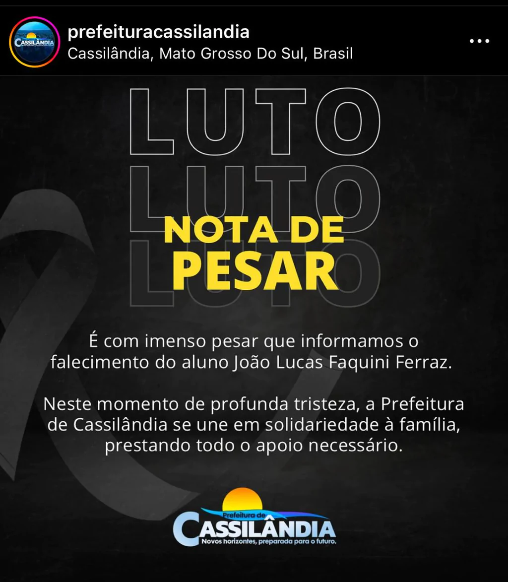 Prefeitura de Cassilândia decreta luto oficial e ponto facultativo nesta terça-feira