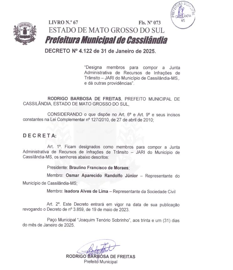 Prefeito Rodrigo nomeia membros da JARIJunta Administrativa de Recursos de Infrações de Trânsito (JARI) é reponsável pelo julgamento de recursos contra autos de infração de trânsito