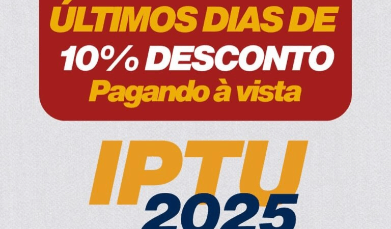 Cota única do IPTU, com 10% de desconto, vence dia 10 de julho