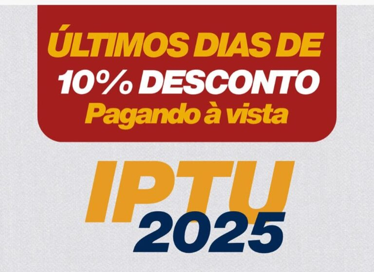 Cota única do IPTU, com 10% de desconto, vence dia 10 de julho