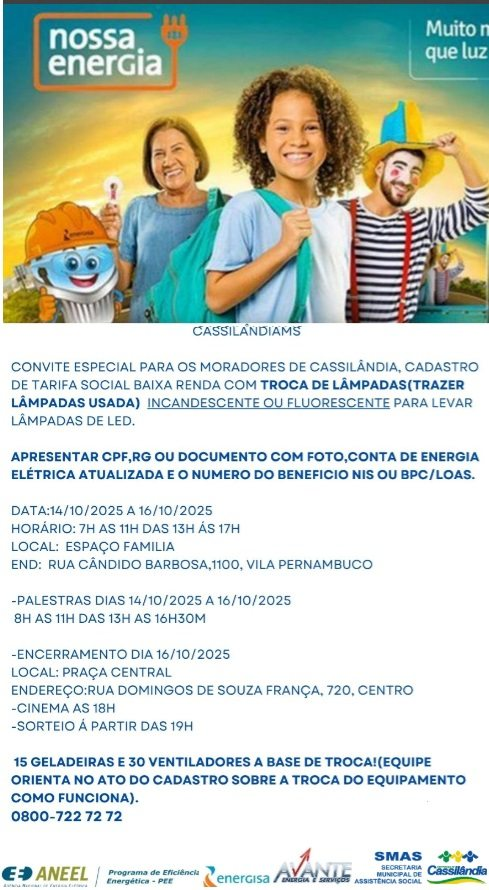 Prefeitura de Cassilândia promove ação social com troca de lâmpadas, cadastro na Tarifa Social e sorteio de eletrodomésticos