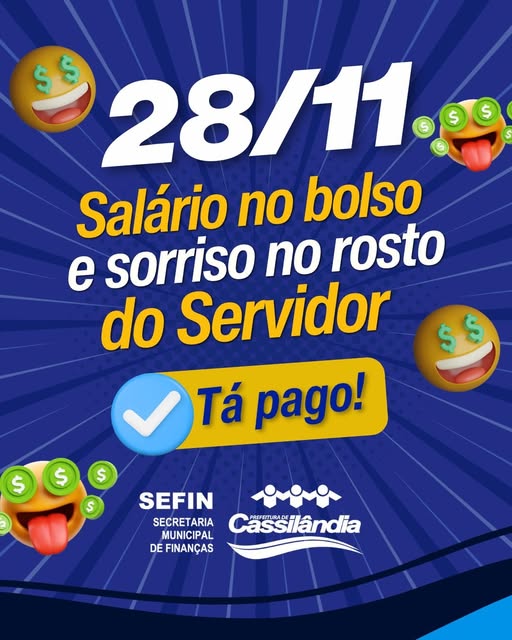Salário de novembro já está na conta e prefeitura de Cassilândia divulga previsão para pagamento de dezembro e 13º