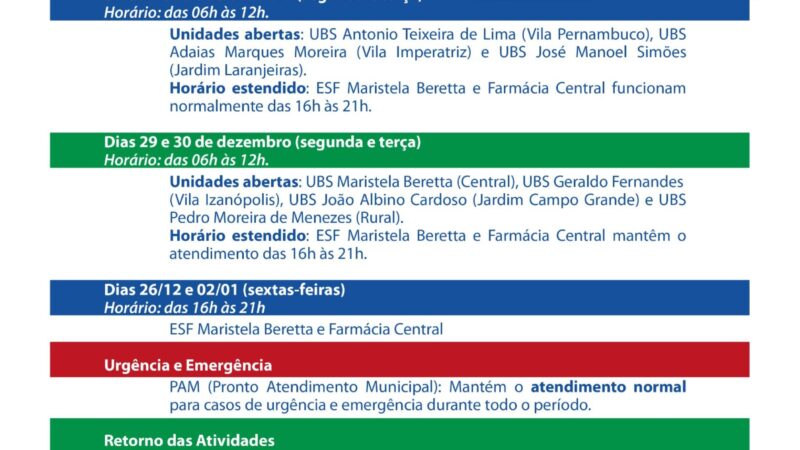 Prefeitura divulga horários da Saúde em Cassilândia durante o fim de ano