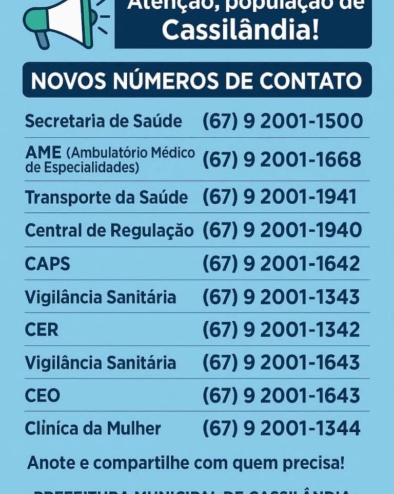 PREFEITURA DE CASSILÂNDIA TELEFONES DOS ÓRGÃOS DE TRABALHO