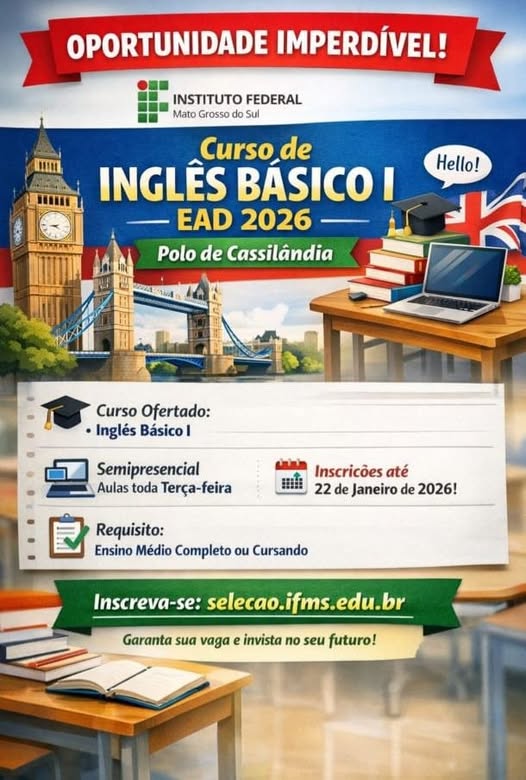 IFMS abre inscrições para o curso de Inglês Básico I no Polo de Cassilândia