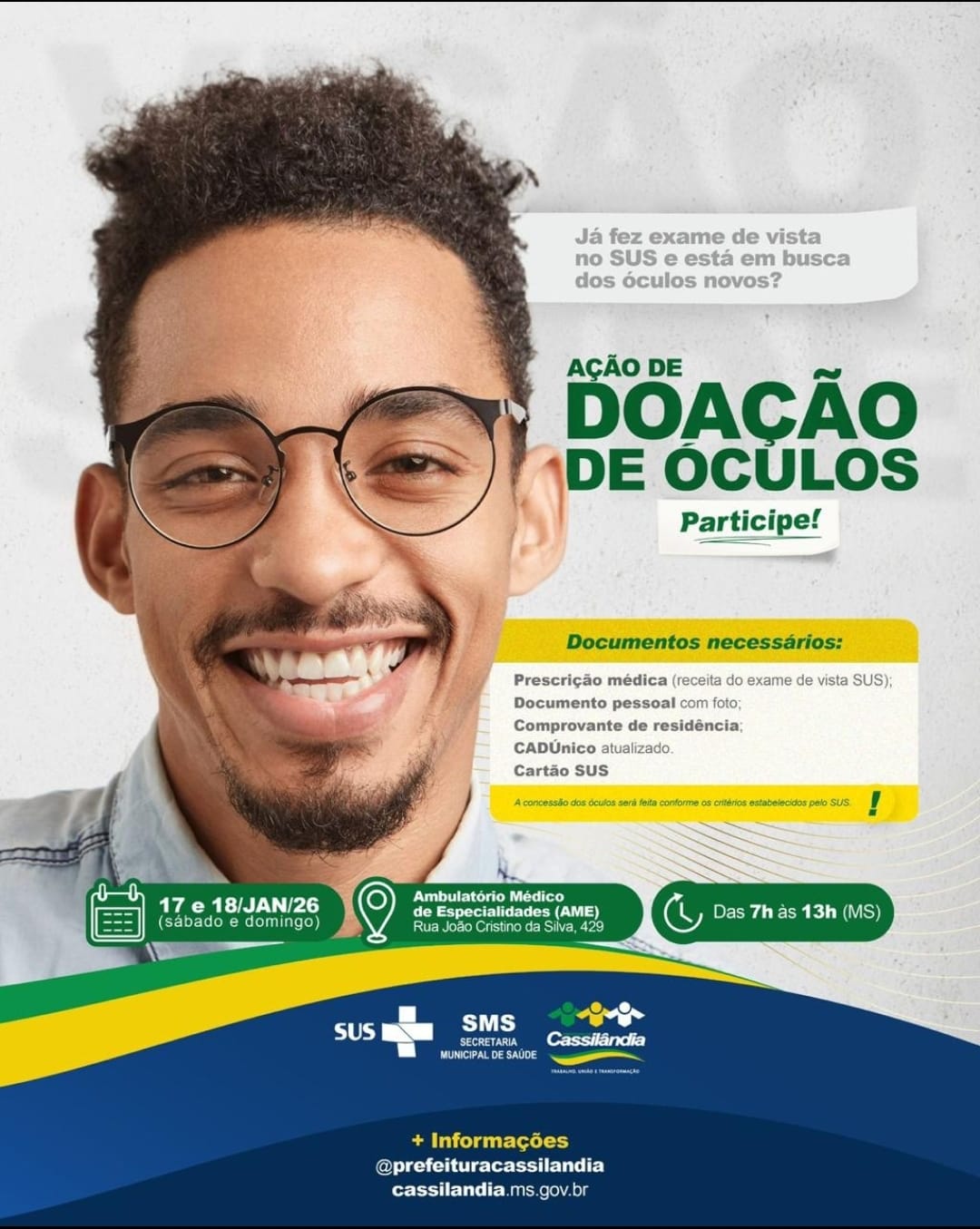 Ação de Doação de Óculos atende moradores de Cassilândia neste fim de semana