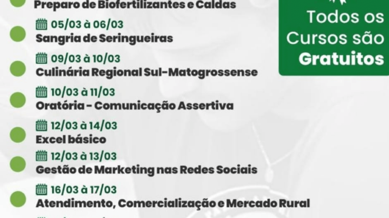 Sindicato Rural e SENAR-MS oferecem cursos gratuitos em março em Cassilândia