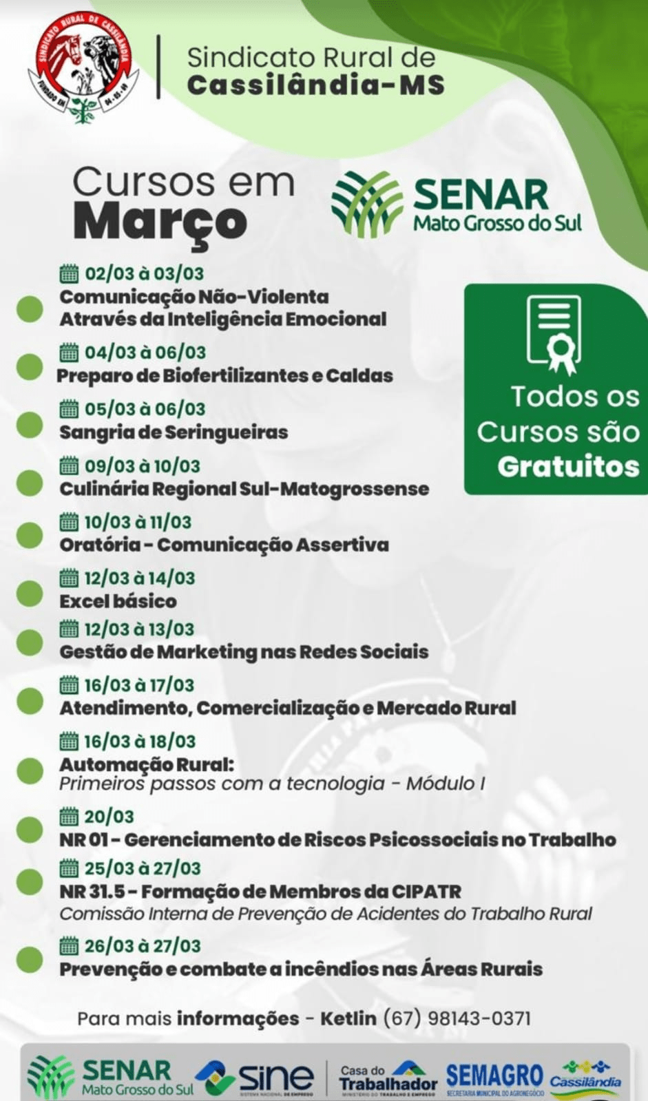 Sindicato Rural e SENAR-MS oferecem cursos gratuitos em março em Cassilândia