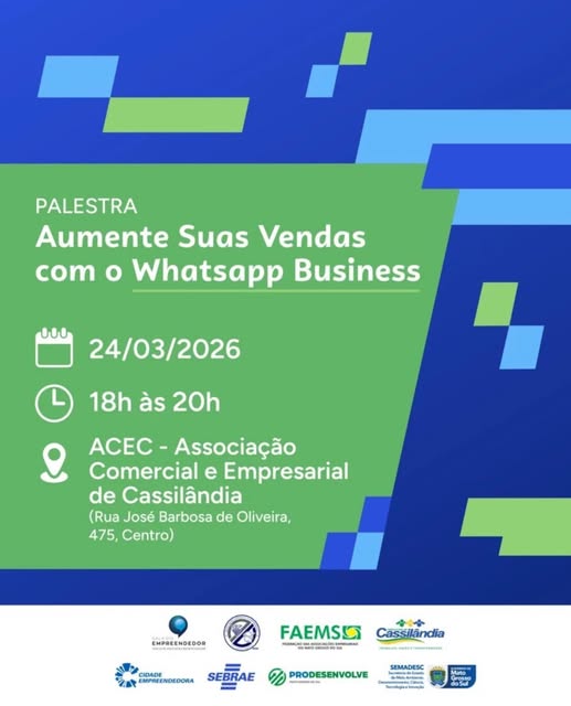 Palestra sobre vendas pelo WhatsApp Business será realizada em Cassilândia