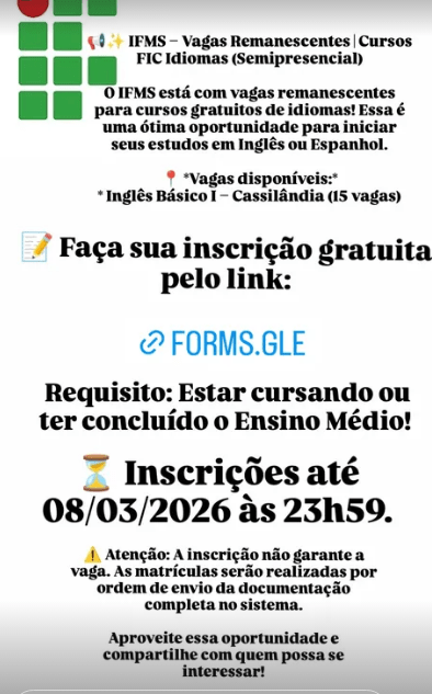 IFMS abre vagas remanescentes para curso gratuito de inglês em Cassilândia