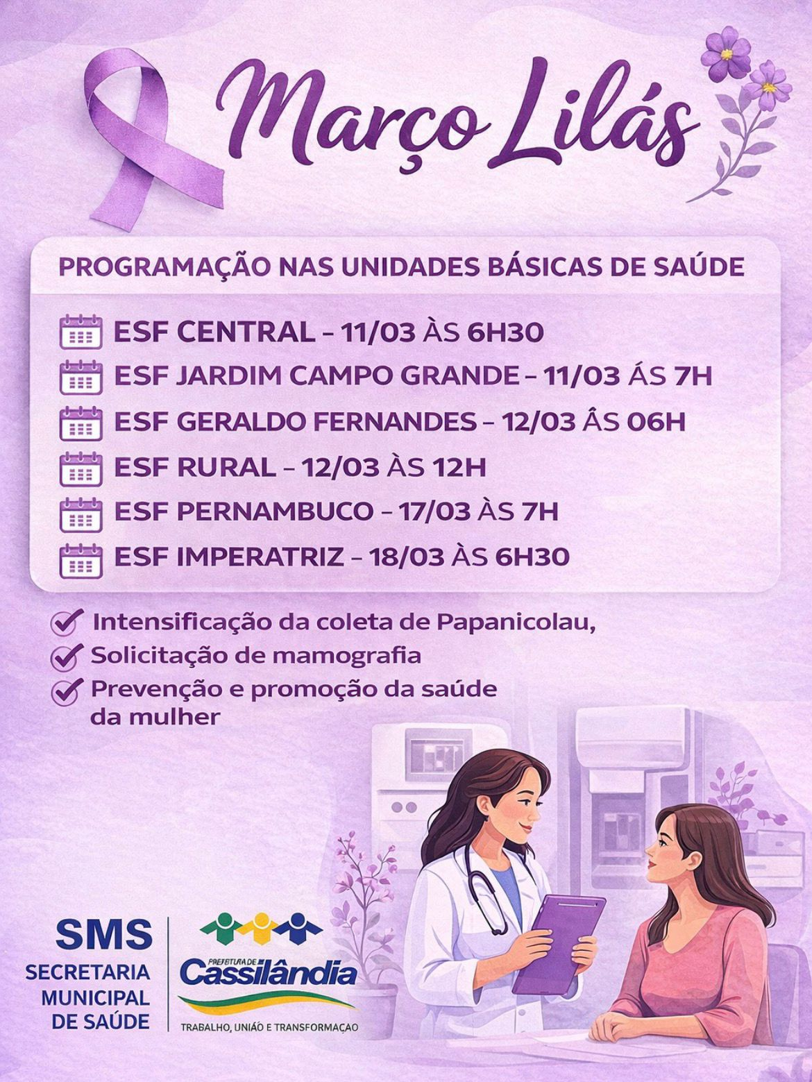 Secretaria de Saúde divulga programação do Março Lilás nas unidades de saúde de Cassilândia
