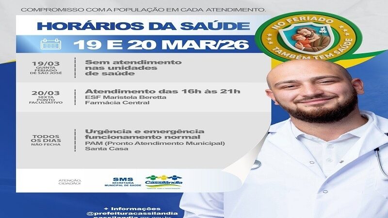 Secretaria de Saúde define horário de funcionamento durante feriado do Padroeiro em Cassilândia