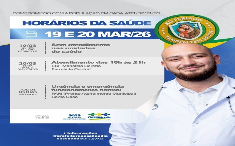 Secretaria de Saúde define horário de funcionamento durante feriado do Padroeiro em Cassilândia