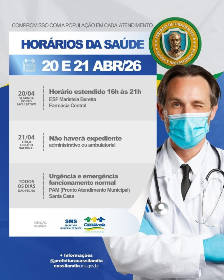 Prefeitura de Cassilândia divulga horários de atendimento na saúde durante ponto facultativo e feriado de Tiradentes