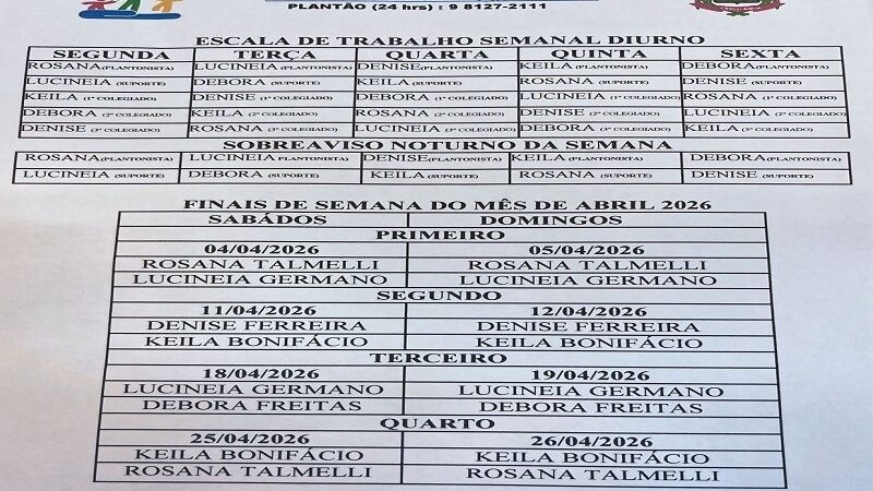 Conselho Tutelar de Cassilândia divulga escala semanal e plantões de abril de 2026