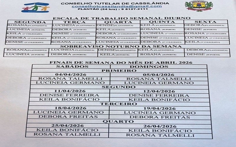 Conselho Tutelar de Cassilândia divulga escala semanal e plantões de abril de 2026