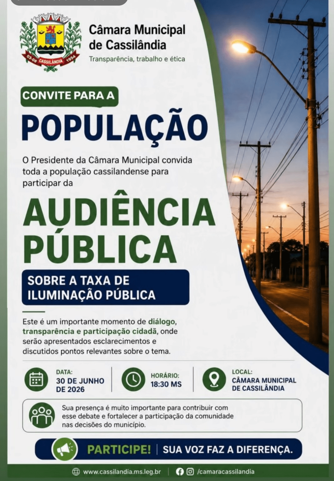 Audiência pública discutirá taxa de iluminação pública em Cassilândia