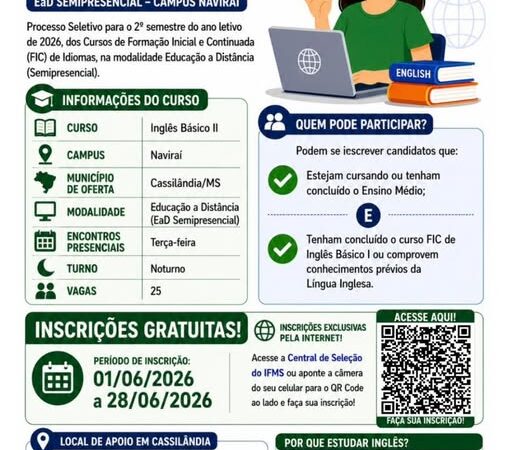 IFMS abre inscrições para curso gratuito de Inglês Básico II em Cassilândia