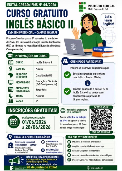 IFMS abre inscrições para curso gratuito de Inglês Básico II em Cassilândia