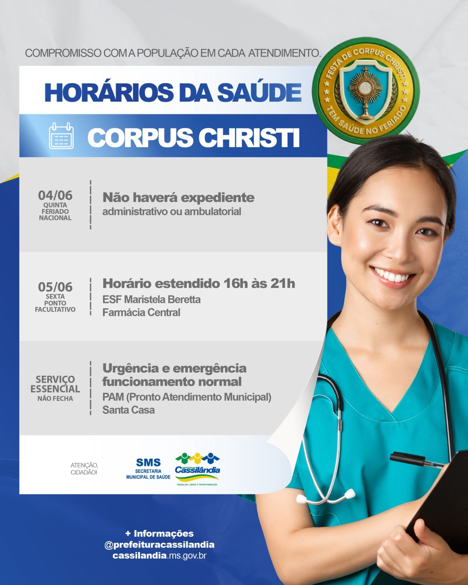 Saúde Municipal terá atendimento especial durante o feriado de Corpus Christi