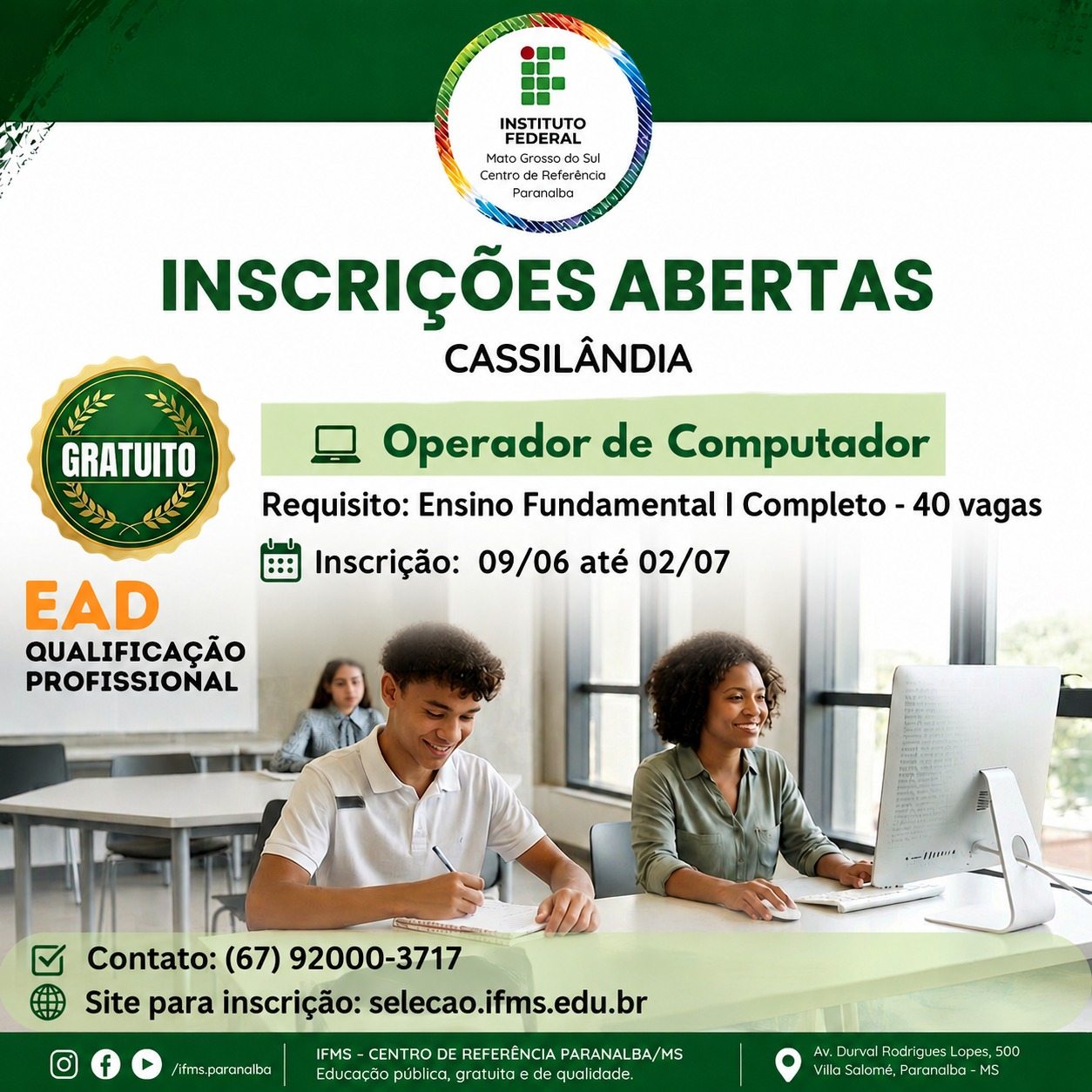 IFMS abre inscrições para curso gratuito de Operador de Computador com vagas para Cassilândia