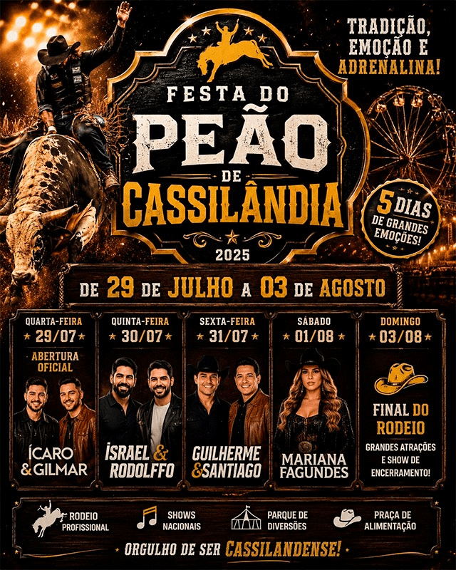 Portões abertos para todos! Festa do Peão de Cassilândia 2026 anuncia programação completa e promete entrar para a história
