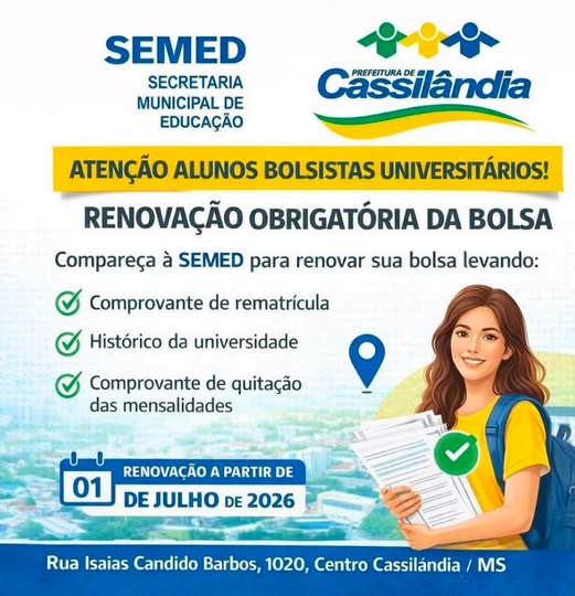 Renovação da Bolsa Universitária já está disponível em Cassilândia
