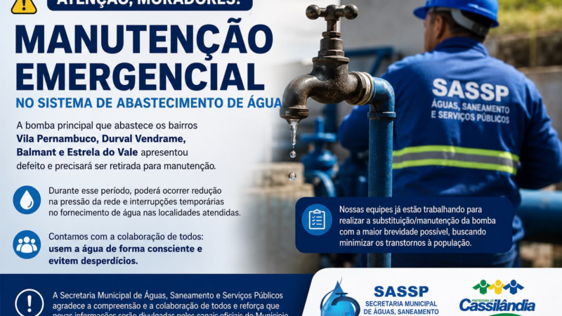Secretaria de Águas, Saneamento e Serviços Públicos alerta população sobre manutenção emergencial em bomba de abastecimento