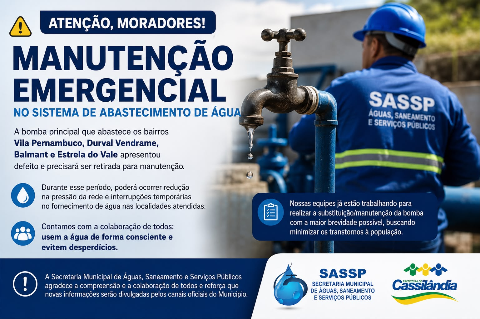Secretaria de Águas, Saneamento e Serviços Públicos alerta população sobre manutenção emergencial em bomba de abastecimento