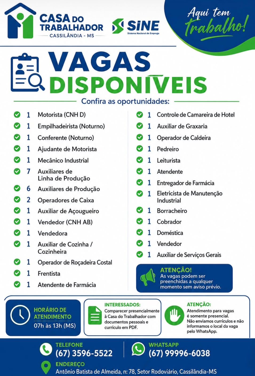 Casa do Trabalhador de Cassilândia anuncia 40 vagas de emprego disponíveis
