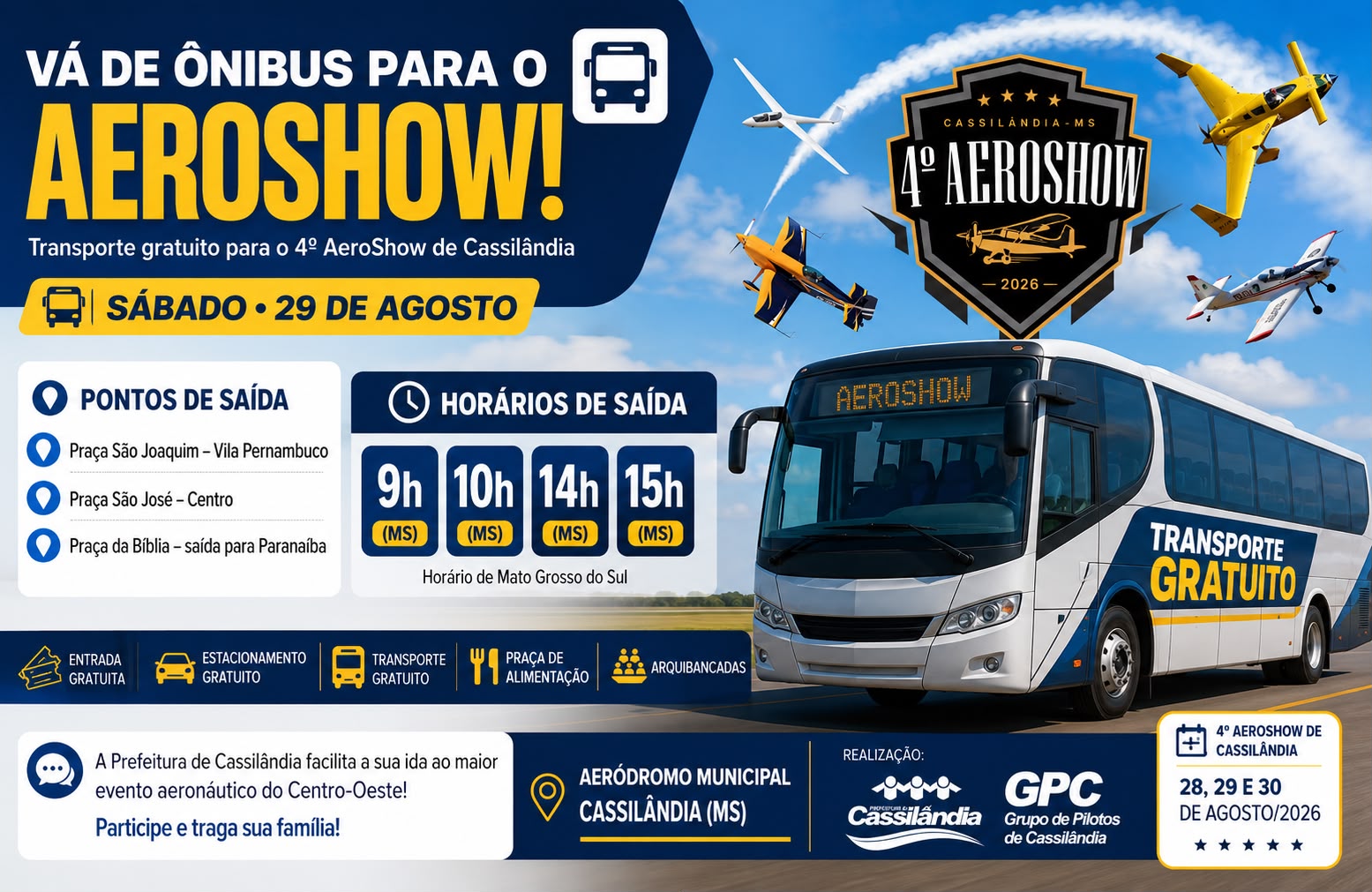 Prefeitura disponibiliza transporte gratuito para o público do 4º AeroShow de Cassilândia