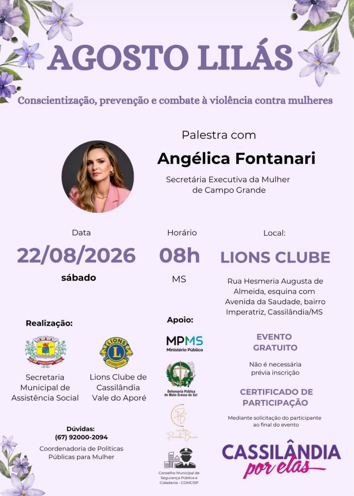 Secretaria de Assistência Social promove palestra do Agosto Lilás em Cassilândia