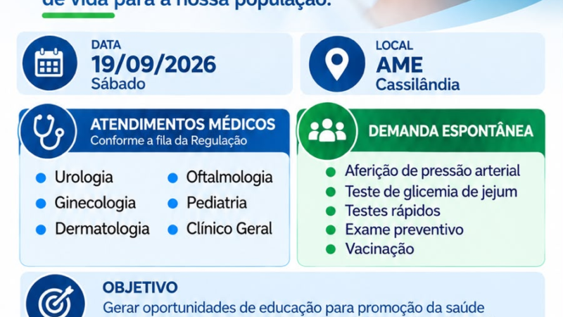 Ação de Saúde vai oferecer atendimentos médicos e serviços preventivos em Cassilândia