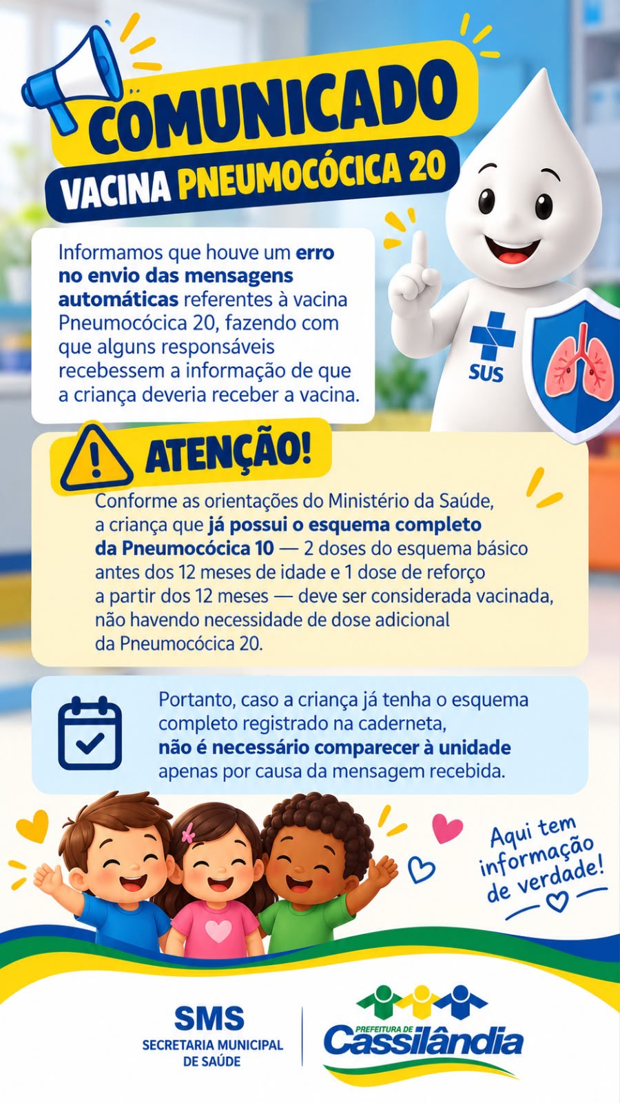 Prefeitura esclarece envio de mensagens sobre a vacina Pneumocócica 20