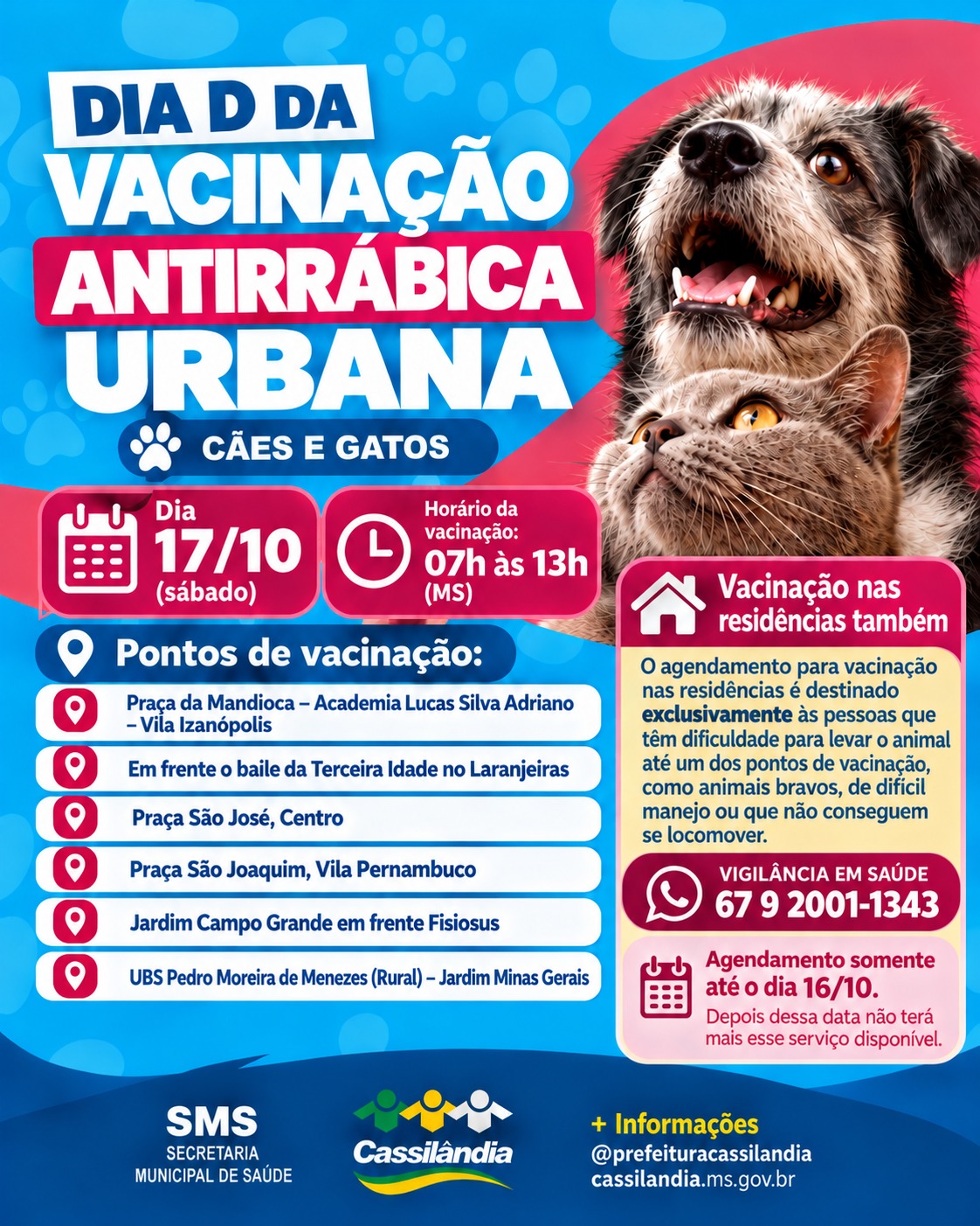Cassilândia realiza Dia D da vacinação antirrábica urbana no dia 17 de outubro